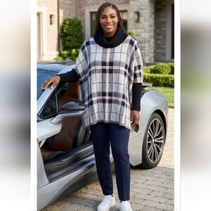 NWT SIONI Oversized Sweater Plaid Poncho  Black, Gray, Pink Size LARGE P2P = 36"